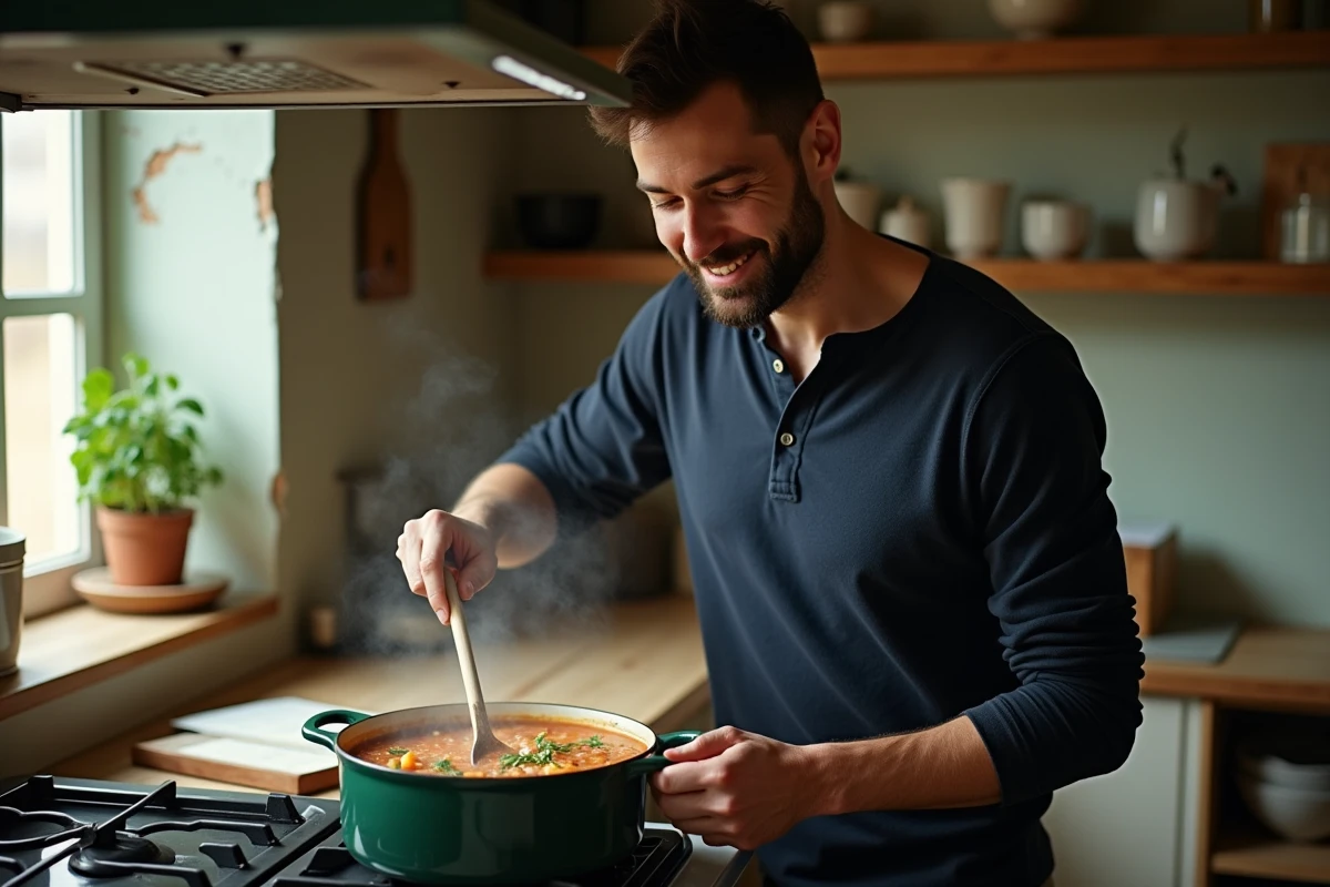 Homme cuisinant une soupe maison sur une cuisinière à gaz, astuce cuisine simple et rapide