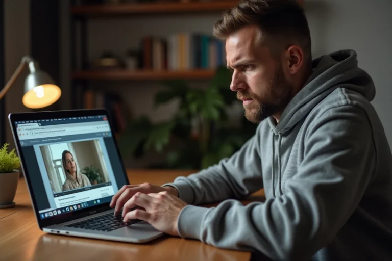 Homme regardant une plateforme de streaming en ligne sur son ordinateur portable, visage inquiet face aux questions de légalité