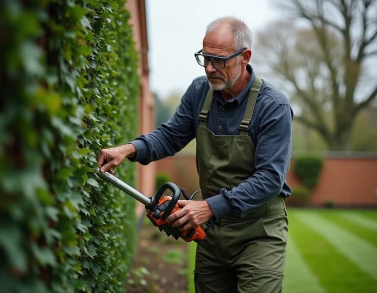 Homme utilisant un taille-haie télescopique pour tailler une haute haie verte dans un jardin de banlieue