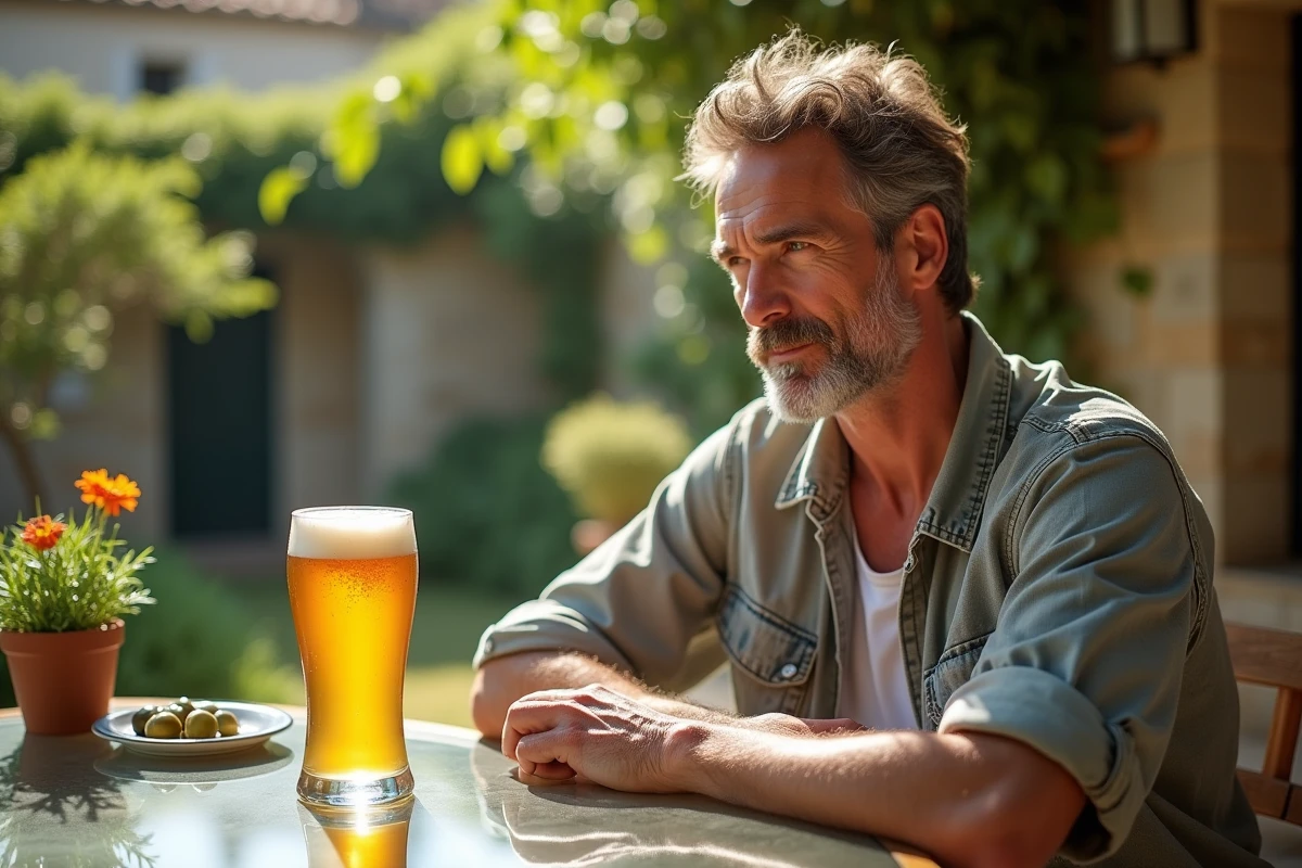 Homme contemplant une bière à la terrasse en campagne française