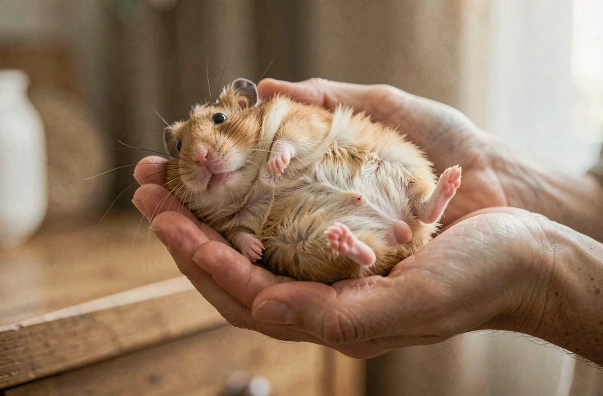 Femelle hamster syrien tenu délicatement dans les mains pour observer son sexe et identifier son genre