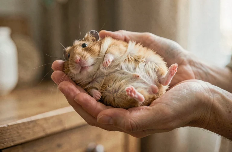Femelle hamster syrien tenu délicatement dans les mains pour observer son sexe et identifier son genre