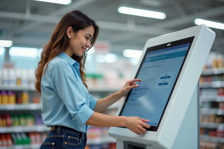 Femme utilisant une borne d'impression en libre-service dans un supermarché Carrefour pour imprimer ses documents