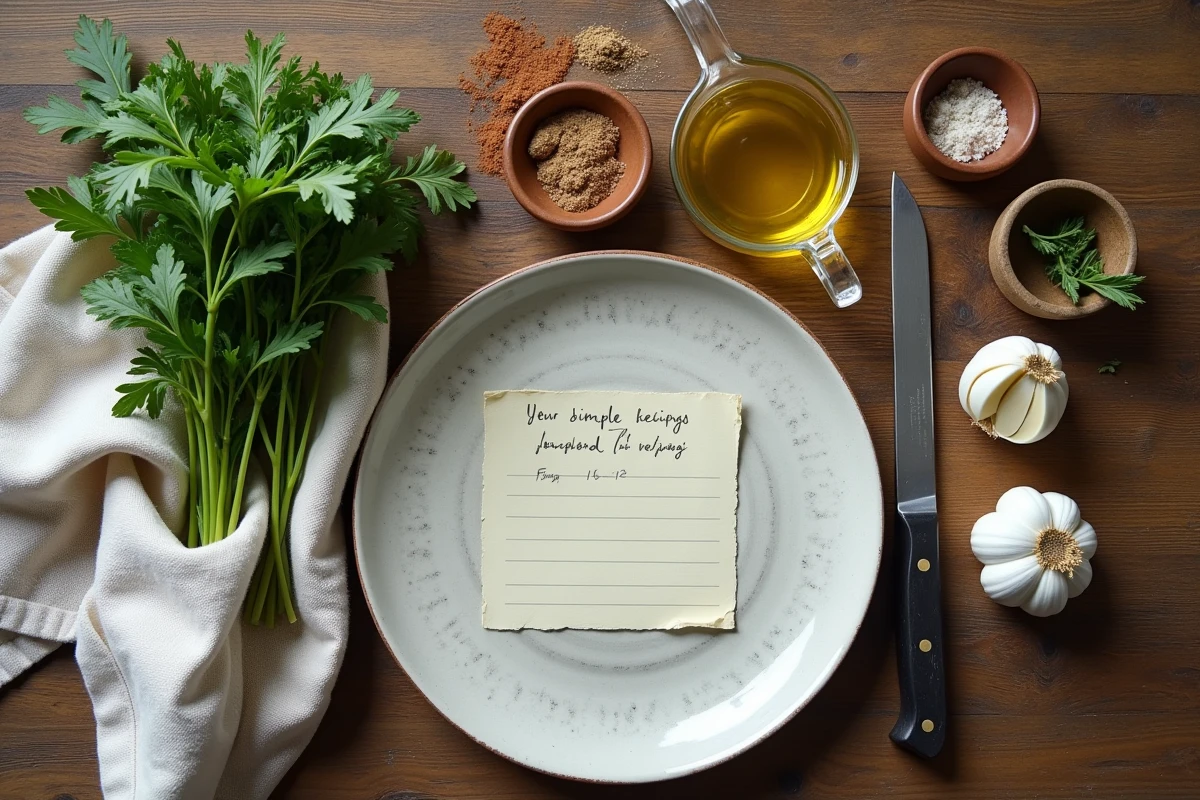 Mise en scène d'ingrédients frais et d'une fiche recette sur une table en bois rustique, cuisine facile maison