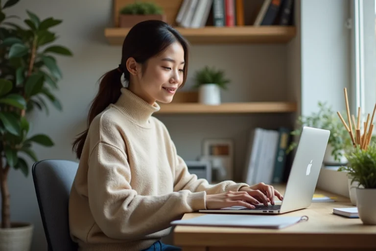 Jeune femme en sweater beige utilisant son ordinateur portable