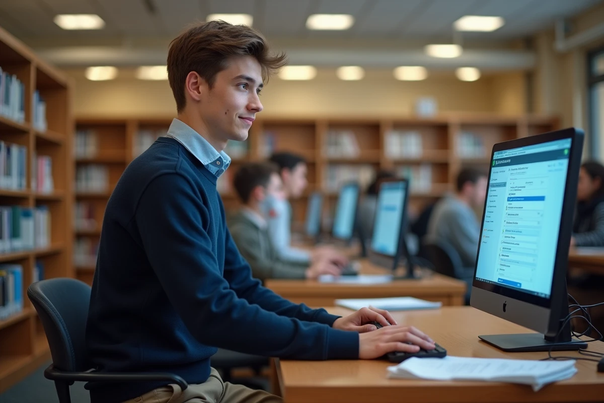 Jeune homme étudiant utilisant un ordinateur dans une bibliothèque universitaire