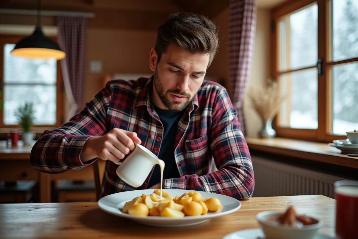 Jeune homme versant une sauce sur un plat de diots et pommes de terre
