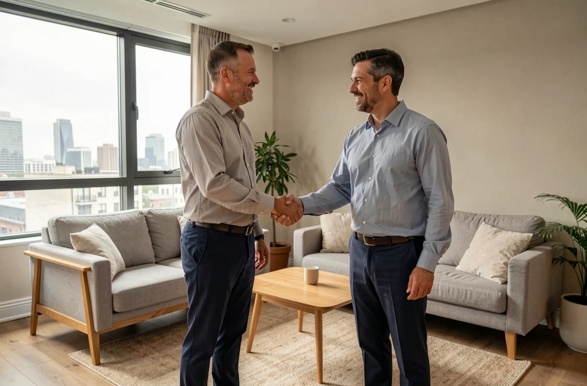 Locataire et agent immobilier se serrant la main pour un bail renouvelable dans un appartement meublé