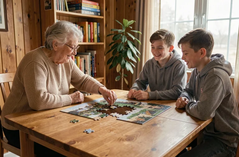 Famille multigénérationnelle réunie autour d'un puzzle en bois à la maison, loisir convivial pour tous les âges