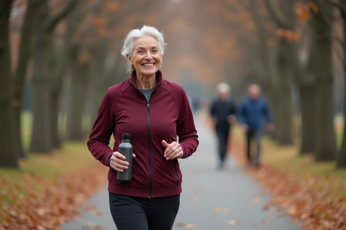 Femme d'âge mûr marchant dans un parc urbain en automne pour maintenir une bonne santé et un bien-être actif