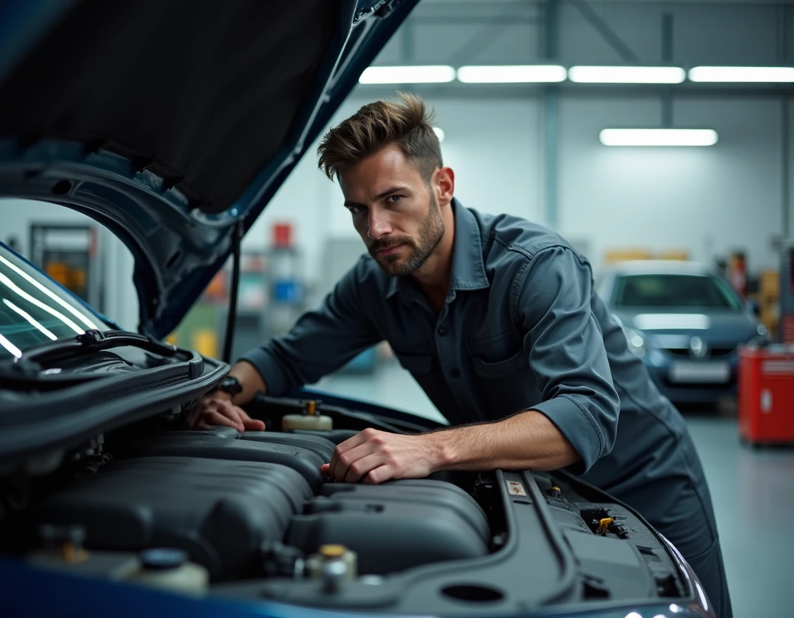 Mécanicien inspectant le moteur d'une Peugeot 308 dans un garage automobile professionnel