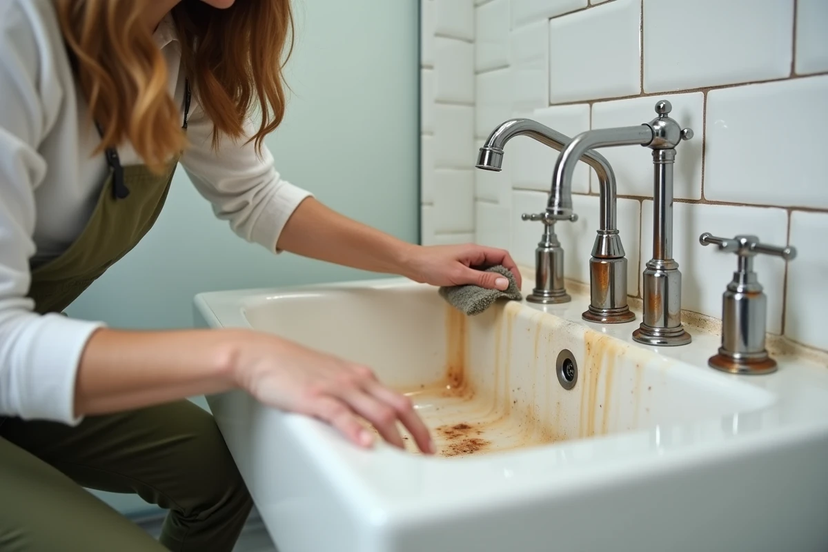 Femme qui retire la rouille sur des robinets chromés dans une salle de bain avec un produit antirouille et un chiffon doux