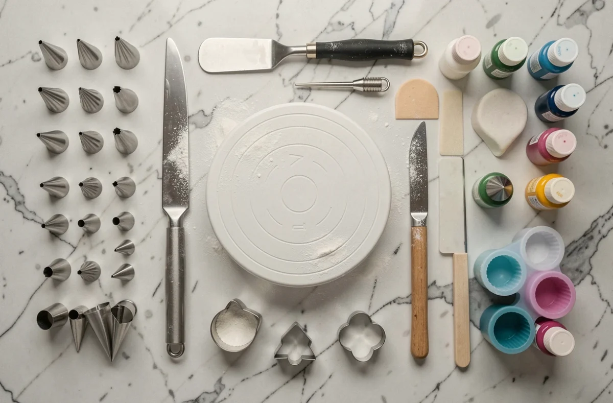 Vue de dessus des outils essentiels pour la pâtisserie et le cake design disposés sur un plan de travail en marbre blanc