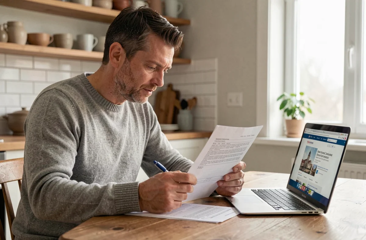 Un particulier lit attentivement un contrat de logement à domicile avant de faire confiance à une société immobilière