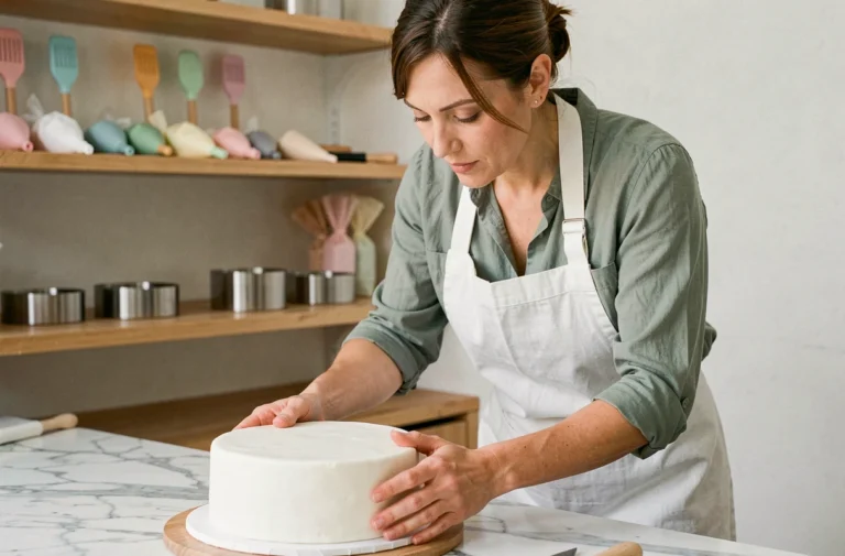 Pâtissière professionnelle lissant le fondant sur un gâteau à étages dans un atelier de cake design bien équipé