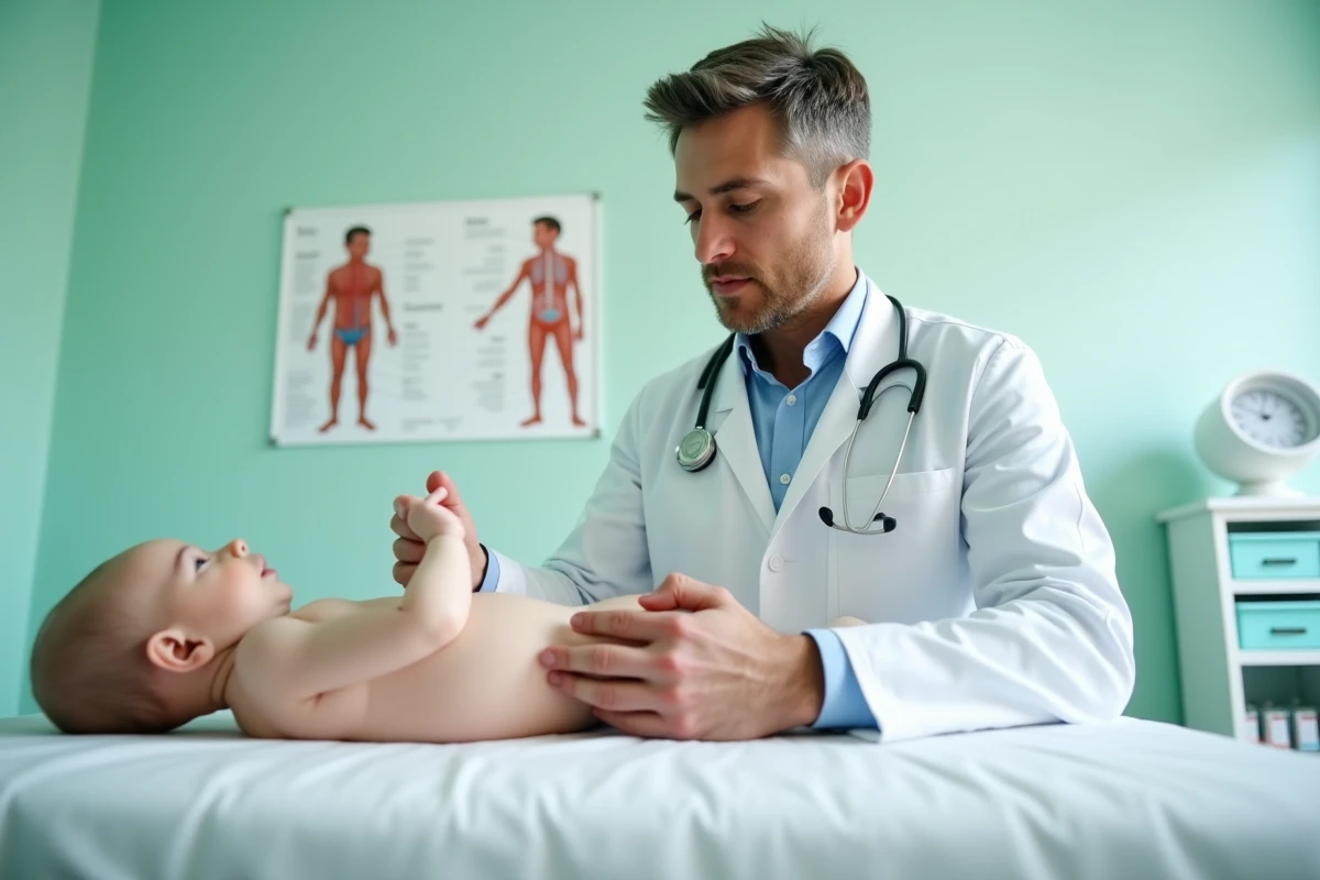 Pédiatre observant un nourrisson qui arque la tête en arrière lors d'une consultation médicale