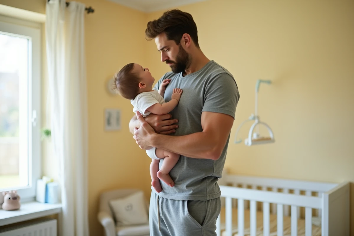 Père fatigué tenant son bébé contre son épaule dans une chambre de bébé, nourrisson arquant la tête en arrière