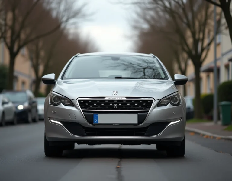 Peugeot 308 garée dans une rue résidentielle, vue 3/4 avant mettant en valeur le badge et la carrosserie argentée