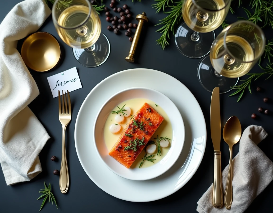 Vue de dessus d'une table de fête avec verres de Champagne et Pinot Noir, saumon rôti, Saint-Jacques et carte de menu pour illustrer l'accord mets et vins
