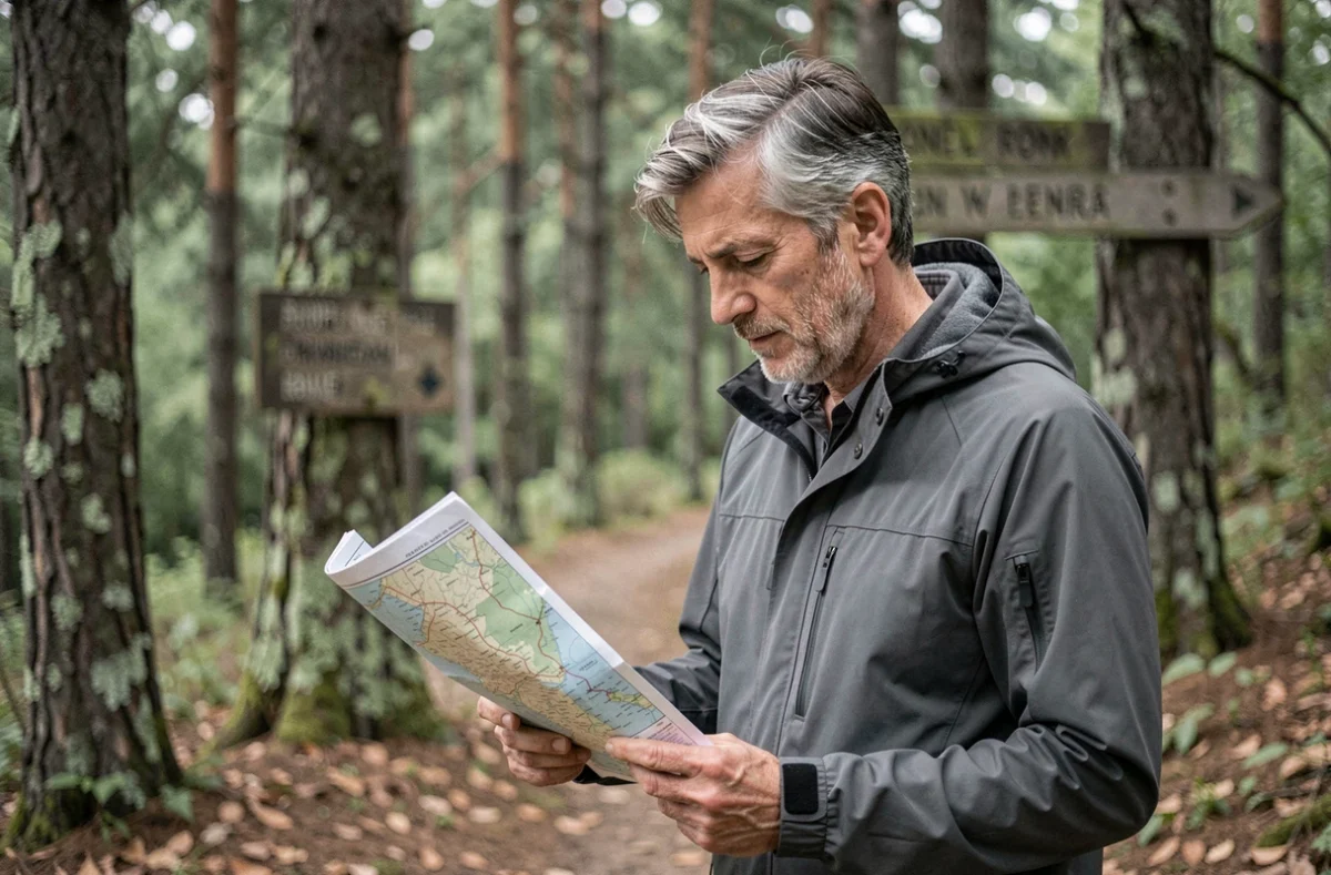 Homme en randonnée en forêt consultant une carte de sentier, loisir nature accessible pour les adultes