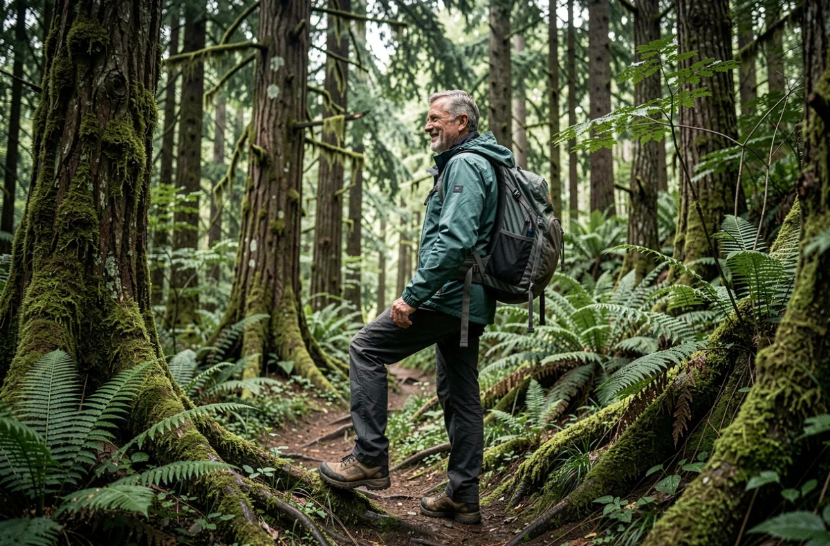 Randonneur en veste imperméable gravissant un sentier forestier luxuriant lors d'un voyage nature