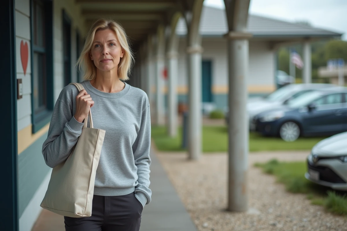 Femme blonde discrète devant une école de ville côtière, tenant un sac en toile, dans un contexte de vie quotidienne ordinaire