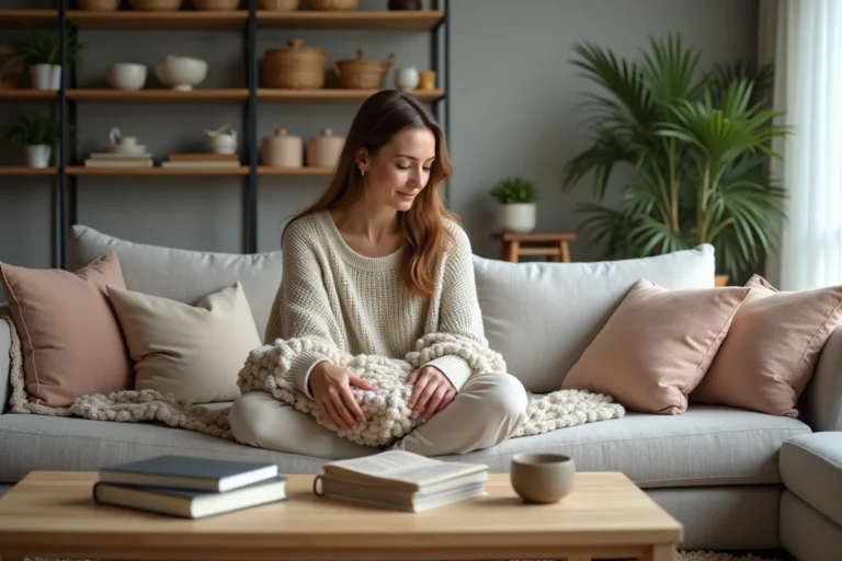 Femme assise sur un canapé avec coussins dans un salon chaleureux