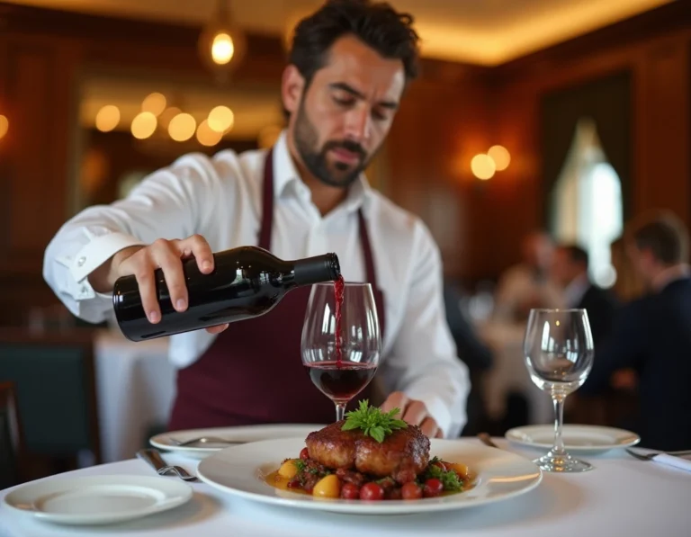 Sommelier versant un vin rouge Bordeaux dans un verre en cristal à côté d'un magret de canard rôti dans un restaurant gastronomique festif