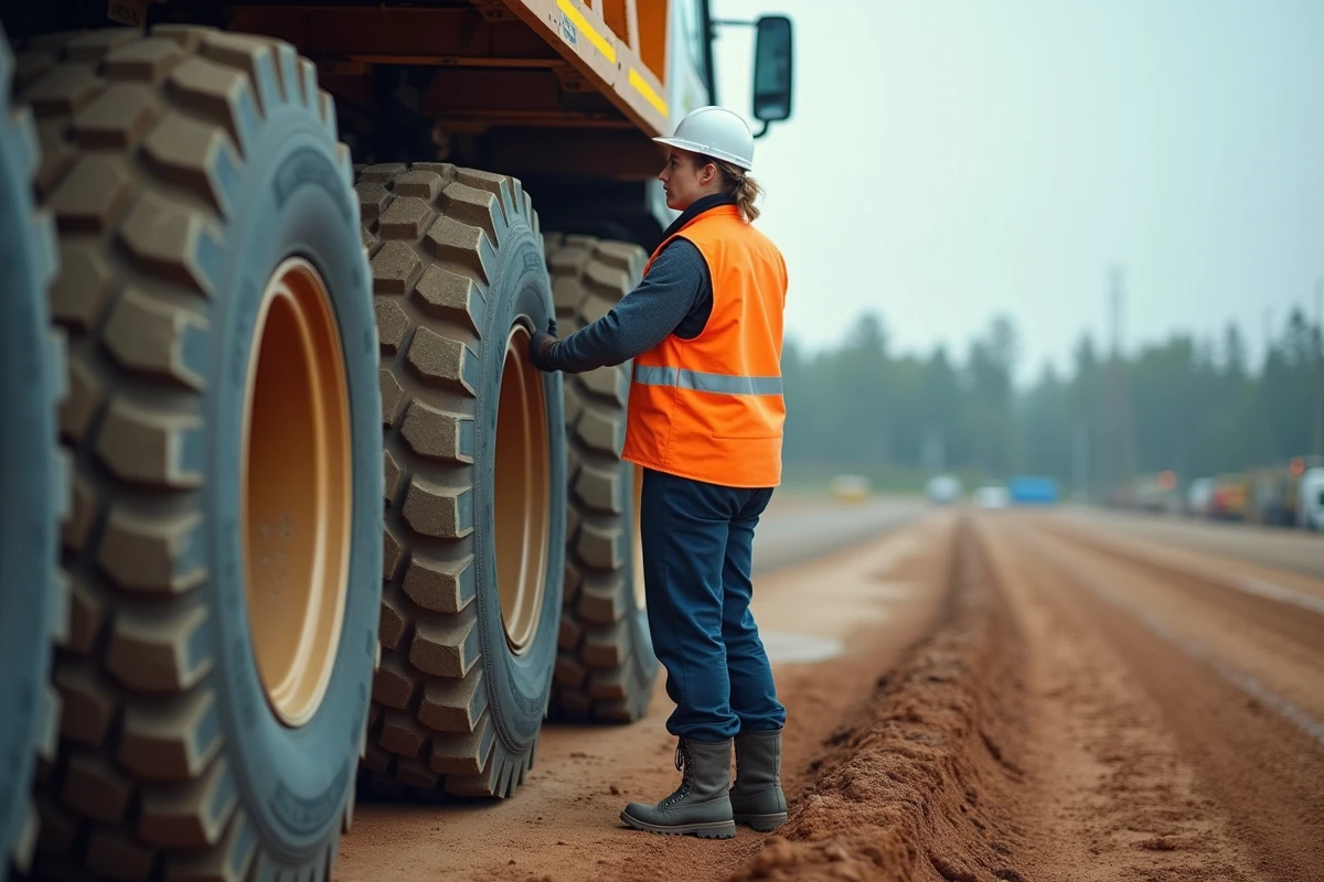 Jeune technicienne inspectant les pneus d