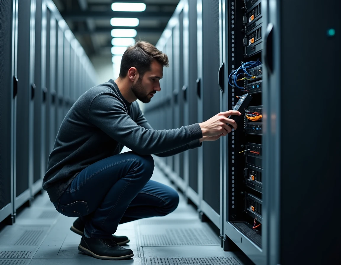 Technicien informatique inspectant un serveur dans un centre de données lors d'un projet de modernisation numérique