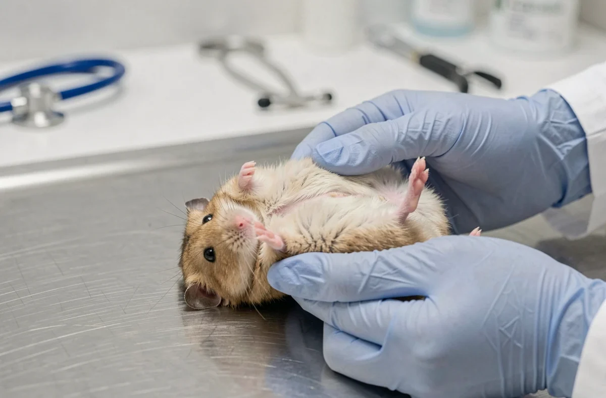 Vétérinaire tenant un hamster pour déterminer son sexe lors d'un examen clinique