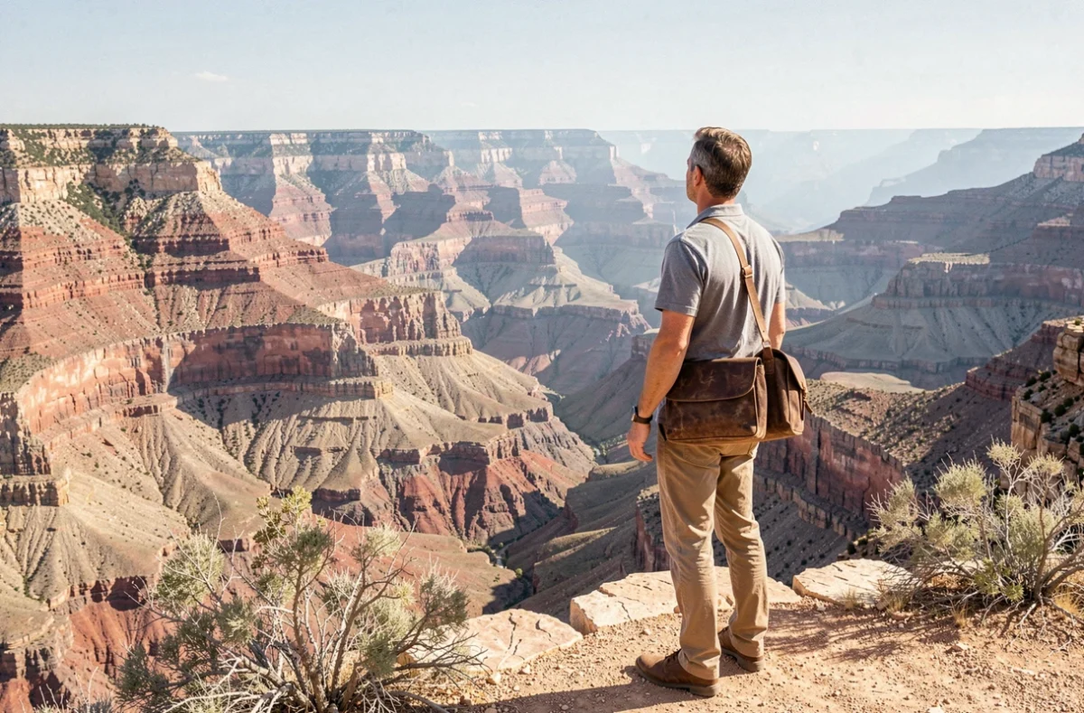 Voyageur admirant un canyon majestueux depuis un belvédère en plein désert