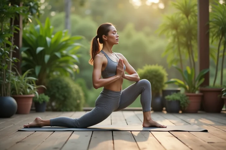 Femme pratiquant le yoga matinal sur une terrasse en bois entourée de plantes vertes pour améliorer son bien-être